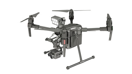 Drone-Finder. Equipment: searchlight, powerful LEDs, laser rangefinders, 4k camera, and infrared camera. Isolated on a transparent background. 3D illustration.