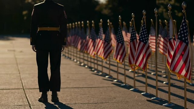 Veteran walking solemnly between rows of national flags, reflecting military service, honoring fallen comrades, embodying patriotic remembrance during memorial commemoration