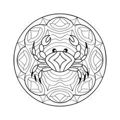 Ornamental crab mandala black and white line art intricate decorative design for relaxation adult coloring book