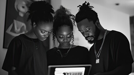 Three professionals are engaged in a collaborative discussion around a table in a modern office space.