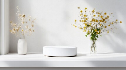 Simple, minimalist, product display with natural elements.  White pedestal, flowers, vases, light, sunbeam
