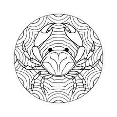 Minimalist crab coloring page design in circular frame with abstract waves marine life illustration