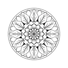 Floral mandala illustration black and white symmetrical design intricate pattern meditative art decor ethnic circular ornament bohemian style for coloring pages