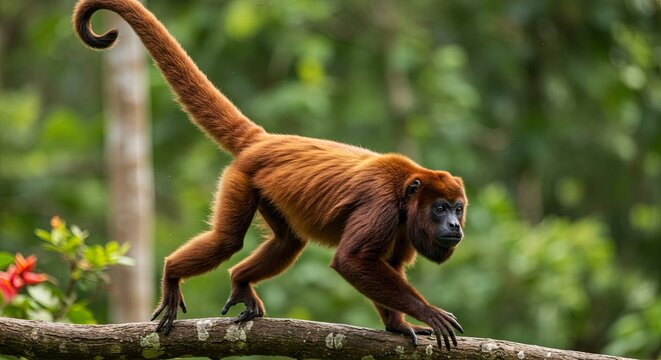Agile red howler monkey balances while traversing a sturdy branch in rainforest
