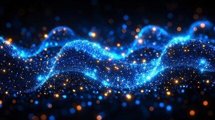 Blue and gold, shiny, particle wave on dark background