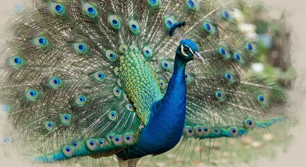 Obraz premium Magnificent peacock spreading its decorative tail feathers in a garden