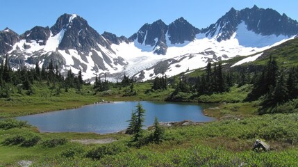 Obraz premium Scenic Mountain Lake with Snow-capped Peaks and Evergreen Trees