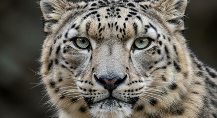 Detailed Snow Leopard Face Close-up with Direct Eye Contact, Intense Gaze
