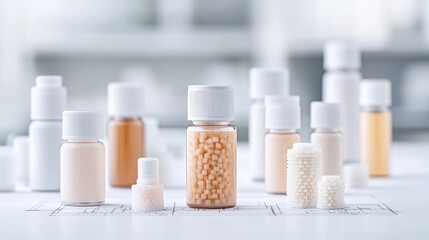 Various small bottles and containers filled with different substances arranged on a laboratory table, clean and organized setting, and scientific research concept.