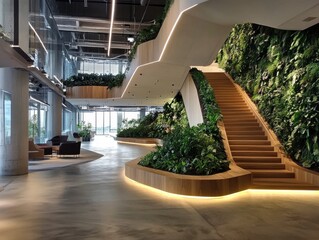 Fototapeta premium Modern Office Interior with Wooden Staircase and Green Wall