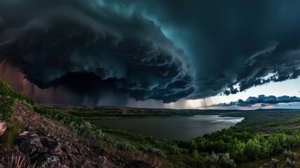 Fototapeta premium Dramatic thunderstorm over serene lake rural landscape nature photography dynamic weather elevated perspective