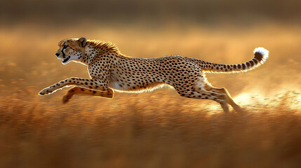 Fast-moving cheetah in golden savanna grass.