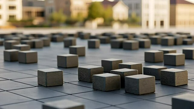 Cityscape background, urban square, scattered dark grey cubes, data concept