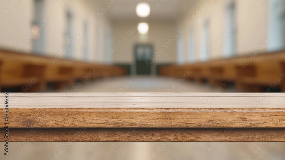Poster empty wooden desk showcasing university hallway background for product placement