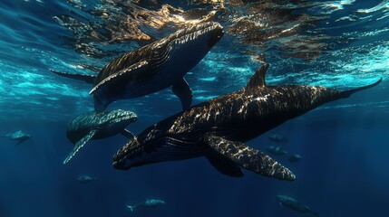 Naklejka premium Humpback whales swimming gracefully in ocean depths underwater photography marine environment close-up view