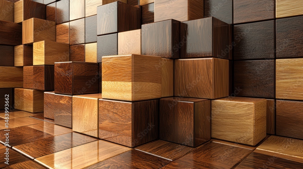 Poster elegant pattern of dimensional brown wood blocks in cube formation