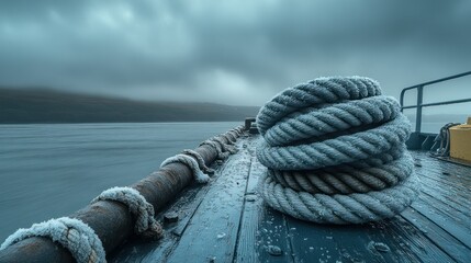 Fototapeta premium Frozen mooring ropes on a boat deck in a stormy landscape