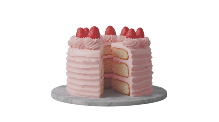 Slice of strawberry shortcake on a pink background with fresh berries