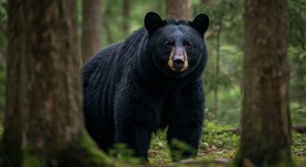 Fototapeta premium Black bear observing from the tranquility of a lush woodland setting