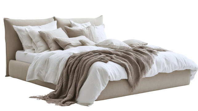 Luxurious linen bed adorned with plush pillows and a cozy throw blanket, isolated