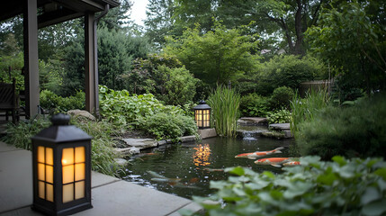 Naklejka premium Peaceful Evening Garden Pond With Koi And Lanterns