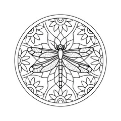 Detailed dragonfly mandala design with floral elements in circular frame ideal for coloring pages or intricate black and white patterns