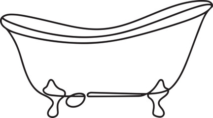 Minimalist continuous line art vector of a classic clawfoot bathtub in black on a clean white background showcasing elegant bathroom design with vintage style appeal