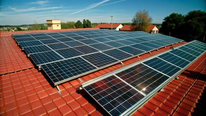 Flat solar panels on industrial roof absorb sunlight, converting energy via photovoltaic cells