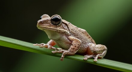 Fototapeta premium Captivating tree frog perched quietly on a vibrant green leaf foliage