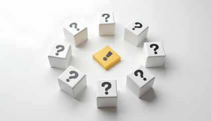 A group of white cubes with question marks on them.