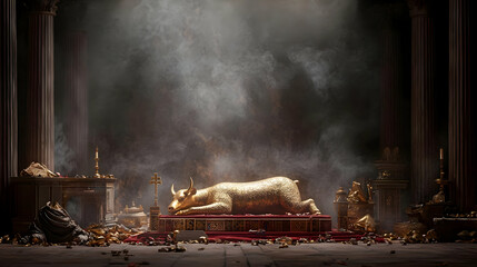 Golden Bull Exhibit In Ancient Roman Temple