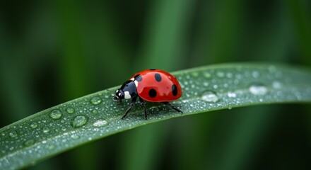 Fototapeta premium Vibrant ladybug resting atop a dew-kissed leaf in nature's embrace