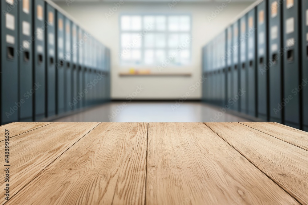 Poster wooden table displaying educational products in a blurred classroom with lockers