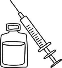 Modern black and white line art of a medical syringe with liquid and medicine bottle drawn in continuous minimalist vector style on a clean white background