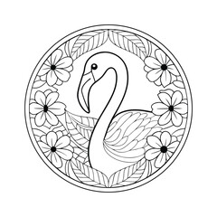 Elegant flamingo line art with floral mandala frame black and white tropical bird artwork illustration