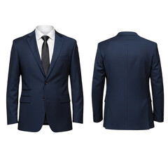 Navy Blue Business Suit with Black Tie and White Shirt, Front and Back View, Isolated on Transparent Background 