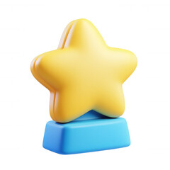 Obraz premium Golden 3d icon star trophy winner sitting on blue pedestal, symbolizing achievement, highlighting success against transparent background