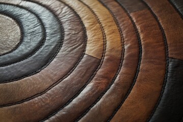 Circular patchwork rug design with various leather tones.