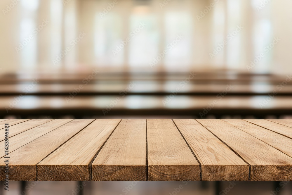 Poster Empty wooden table providing space for products in university lecture hall setting