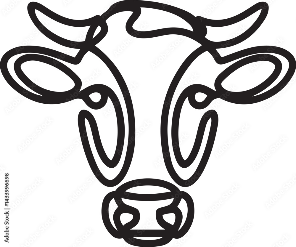 Poster front facing black and white minimalist continuous line drawing of a cow head with horns isolated on