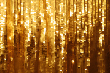 Metallic tinsel background. Bright gold foil fringe curtains hung as interior decor or photo backdrop at a party. Sparkling mylar decoration for festive events. Shiny golden streamers hanging off door