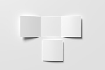 Vector white blank square three panel accordion fold opened on white background. Z fold, trifold, leaflet, brochure, booklet, flyer or invitation card mockup.