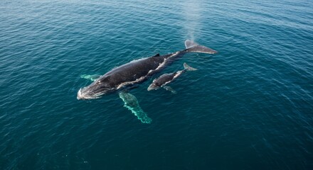 Magnificent Humpback Whale Mother and Calf Swimming Gracefully in Azure Ocean Waters