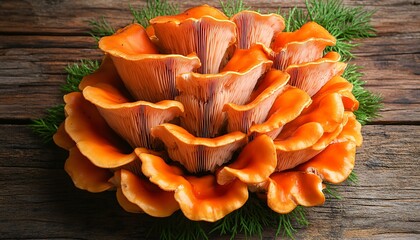 Cluster of vibrant orange-pink fungi on a rustic wooden surface.