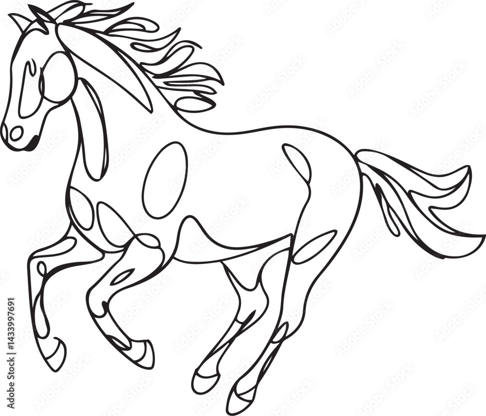 Poster minimalist vector illustration of a beautiful running horse in continuous black line art style on wh