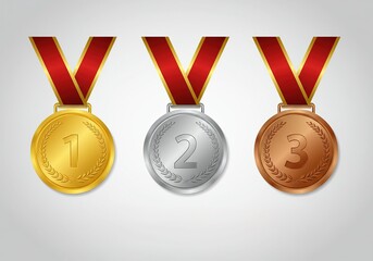 Set of Golden, Silver, and Bronze Medals with Laurel Wreath and Red Ribbon Detail
