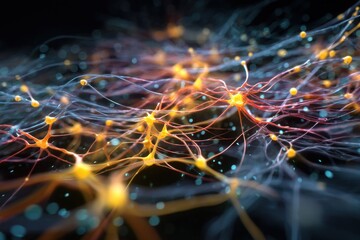 Abstract glowing neural network with interconnected neurons firing
