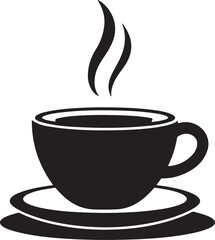 Hot coffee cup with steam in continuous black line art style placed on a saucer against a white background in a simple minimalist vector illustration design