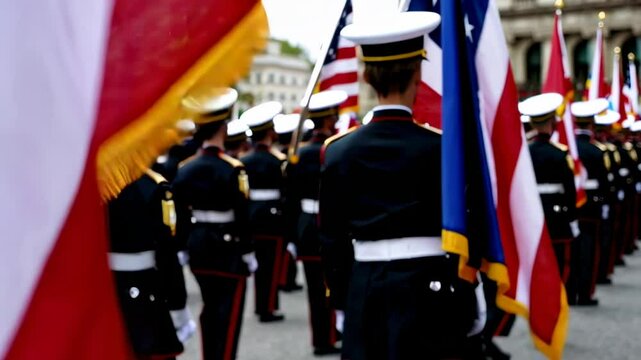 Disciplined military personnel marching in synchronized formation, carrying national and regimental flags during commemorative patriotic parade celebrating service members' dedication