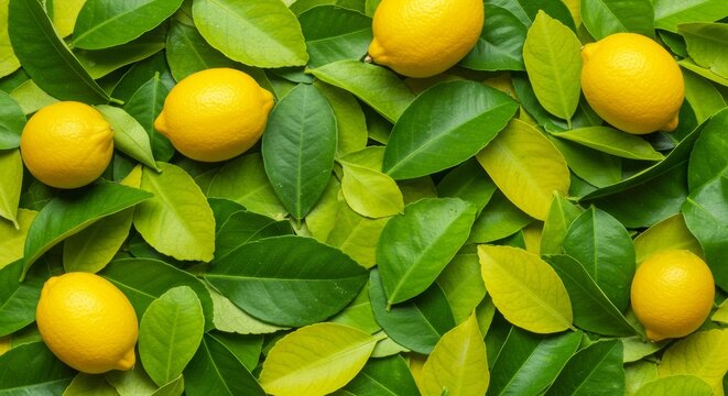 Fresh yellow lemons on a vibrant bed of lush green leaves creating a refreshing and zesty visual